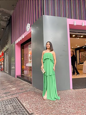 VESTIDO LONGO CHIFFON TOMARA QUE CAIA E RECOTES LATERAIS BABADOS CAMADA VERDE BANDEIRA