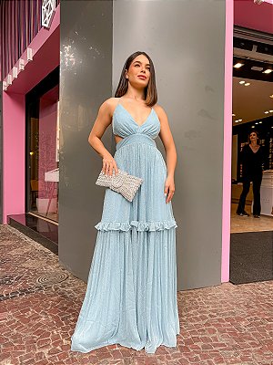 VESTIDO LONGO LUREX COSTA NUA E BABADO SAIA BN AZUL SERENITY