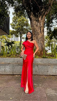 VESTIDO LONGO PRADA COM ELASTANO UM OMBRO SÓ DRAPEADO LATERAL E FENDA VERMELHO