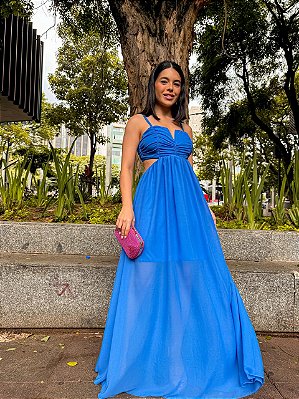 VESTIDO LONGO CHIFFON DECOTE DETALHE EM V ALCINHA CINTURA VAZADA AZUL CELESTE