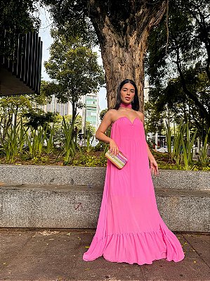 VESTIDO LONGO CHIFFON TOMARA QUE CAIA DETALHE EM V ROSA CHICLETE