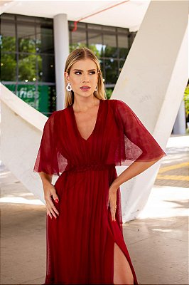 VESTIDO LONGO MICROTULE DETALHE TRANÇA CINTURA MANGUINHA  FENDA LATERAL MARSALA