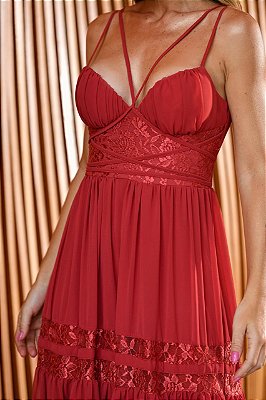 VESTIDO LONGO CHIFON CORPETE COM RENDA ALÇA FINA TERRA COTA PR