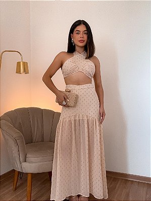 CONJUNTO CHIFFON TOP FRENTE UNICA AMARRAÇÃO DETALHES DE ARGOLA ESTAMPA DOURADO NUDE