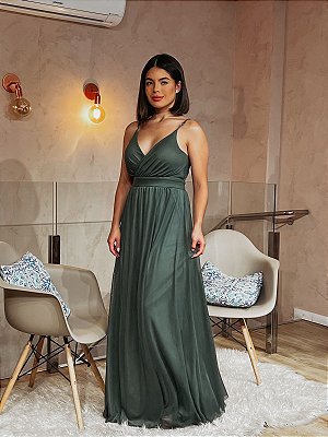 VESTIDO LONGO MICROTULE DE ALCINHA VERDE OLIVA