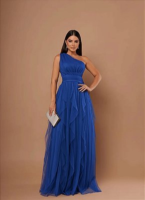 VESTIDO LONGO MICROTULE UM OMBRO SÓ PALA CINTURA SAIA EM CAMADAS VERTICAIS AZUL ROYAL