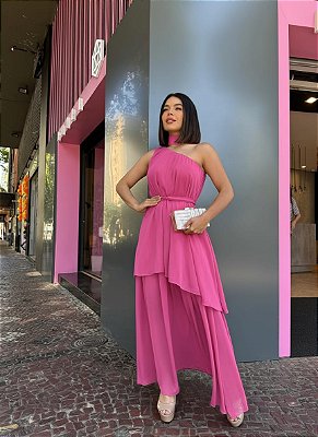 VESTIDO LONGO CHIFON COM TOQUE DE SEDA OMBRO SÓ COM DETALHE PESCOÇO CAM PINK