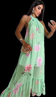 VESTIDO CHIFFON DE SEDA GOLA ALTA COM ESTAMPA NA COR VERDE