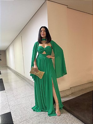 VESTIDO LONGO TOMARA CAIA CREPE DE SEDA DETALHE ABAIXO DO BUSTO SAIA FLUIDA VERDE BANDEIRA