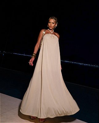 VESTIDO LONGO CREDE FRENTE ÚNICA DETALHE ARGOLA BRANCO
