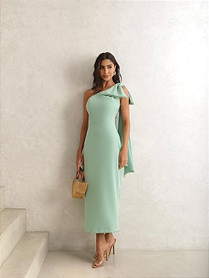 VESTIDO EM TECIDO LEVE UM OMBRO SÓ LAÇO NO OMBRO VERDE MENTA
