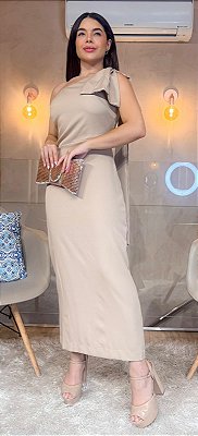 VESTIDO EM TECIDO LEVE UM OMBRO SÓ LAÇO NO OMBRO NUDE