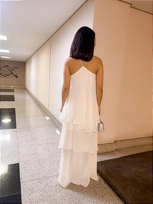 VESTIDO LONGO CREPE DE SEDA FRENTE UNICA  ALÇA COM BRILHO SAI EM CAMADAS BRANCO