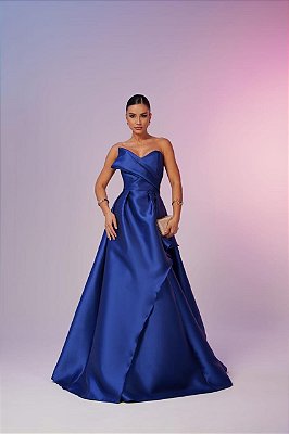 VESTIDO LONGO CREPE DE SEDA FRENTE UNICA  DETALHE NO BUSTO FENDA AZUL MARINHO