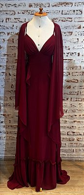 VESTIDO LONGO CHIFFON DECOTE V ALCINHA BABADO VERTICAL MARSALA