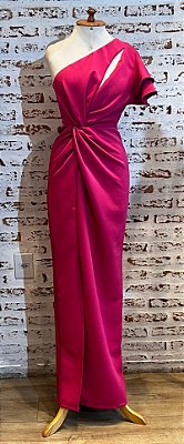 VESTIDO LONGO TUBINHO UM OMBRO SÓ MANGA BABADO DETALHE NÓ LATERAL PINK