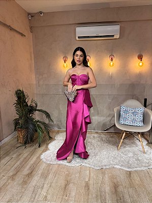 VESTIDO LONGO ZIBELINE CORSELET TOMARA QUE CAIA COM DETALHE NA SAIA ROSA
