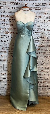 VESTIDO LONGO ZIBELINE CORSELET TOMARA QUE CAIA COM DETALHE NA SAIA VERDE OLIVA