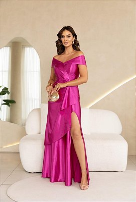 VESTIDO LONGO TRILOBAL OMBRO A OMBRO DETALHE CAMADA E BABADO ROSÊ
