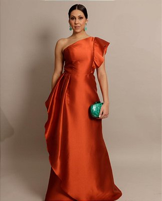 VESTIDO LONGO ZIBELINE UM OMBRO SÓ E FENDA COM BABADO TERRACOTA