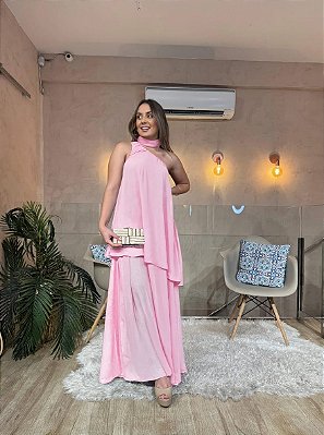 VESTIDO LONGO CHIFON COM TOQUE DE SEDA OMBRO SÓ COM DETALHE PESCOÇO CAM ROSE