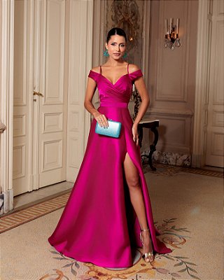 VESTIDO LONGO ZIBELINE OMBRO COM ALCINHA PEITO DRAPEADO COM FENDA  FUCSIA