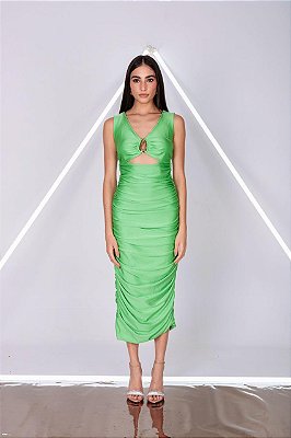 VESTIDO MIDI PRADA ALÇA LARGA DRAPEADO COM DETALHE NO PEITO VERDE