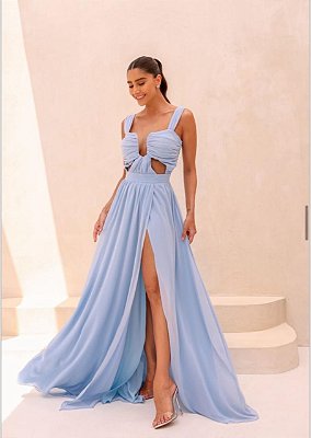 VESTIDO LONGO DE ALÇA LARGA DECOTE ARAMADO V CHIFON/SEDA AZUL SERENITE