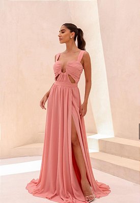 VESTIDO LONGO DE ALÇA LARGA DECOTE ARAMADO V CHIFON/SEDA ROSA CANELA