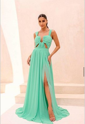 VESTIDO LONGO DE ALÇA LARGA DECOTE ARAMADO V CHIFON/SEDA VERDE MENTA