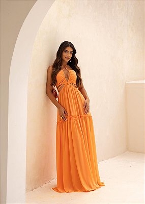 VESTIDO LONGO CREPE DE SEDA DECOTE ARMADO V DETALHE ABAIXO DO BUSTO LARANJA