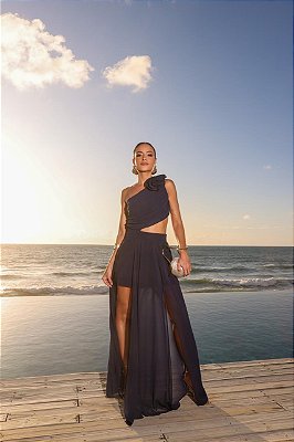 VESTIDO LONGO CREPE DE SEDA  UM OMBRO SÓ DETALHE NO OMBRO AZUL MARINHO