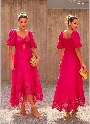 VESTIDO LONGO LINHO  OMBRO A OMBRO MEIA MANGA DETALHE ABAIXO DO BUSTO BORDADO PINK