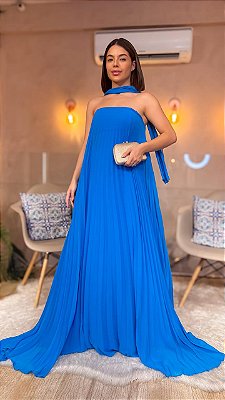 VESTIDO LONGO CREPE DE SEDA TOMARA QUE CAIA COM FAIXA NO PESCOÇO AZUL ROYAL