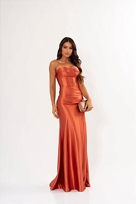 VESTIDO LONGO PRADA COM ELASTANO TOMARA QUE CAIA FENDA LATERAL TERRA COTA