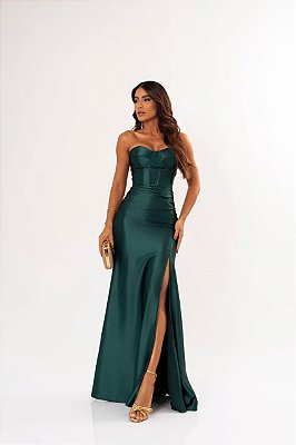 VESTIDO LONGO PRADA COM ELASTANO TOMARA QUE CAIA FENDA LATERAL VERDE PETROLEO