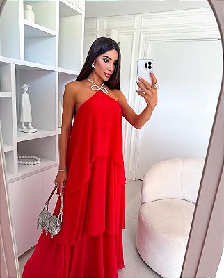 VESTIDO LONGO CREPE DE SEDA FRENTE UNICA  ALÇA COM BRILHO SAI EM CAMADAS VERMELHO