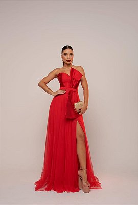 VESTIDO LONGO ZIBELINE TOMARA QUE CAIA PEITO DRAPEADO DETALHE ABAIXO DO BUSTO COM SAIA DE MICROTULE VERMELHO