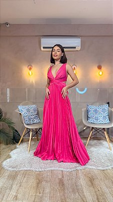 VESTIDO LONGO CREPE ALÇA LARGA  DECOTE V FUCSIA