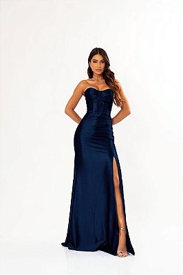 VESTIDO LONGO PRADA COM ELASTANO TOMARA QUE CAIA FENDA LATERAL AZUL MARINHO