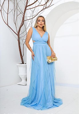 VESTIDO LONGO MICROTULE SAIA EM CAMADAS VERTICAIS ALÇA LARGA RECORTES LATERAL AZUL SERENITY