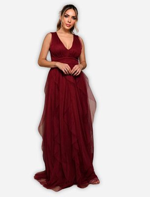VESTIDO LONGO MICROTULE SAIA EM CAMADAS VERTICAIS ALÇA LARGA RECORTES LATERAL MARSALA