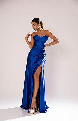 VESTIDO LONGO PRADA COM ELASTANO TOMARA QUE CAIA FENDA LATERAL AZUL ROYAL