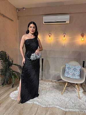 VESTIDO LONGO MICROTULE BORDADO COM UM OMBRO SÓ PRETO