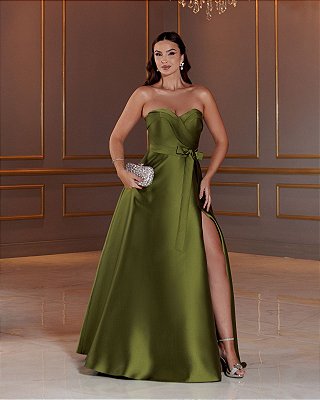 VESTIDO LONGO ZIBELINE TOMARA QUE CAIA DETALHE NO BUSTO CINTURA MARCADA VERDE OLIVA