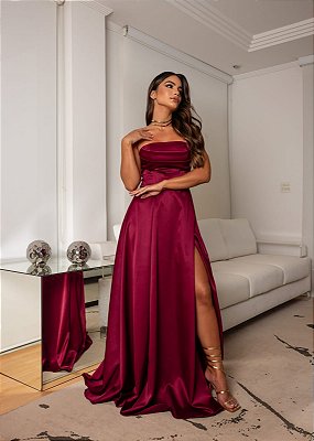 VESTIDO LONGO ZIBELINE TOMARA QUE CAIA PEITO DRAPEADO COM FENDA DETALHE ABAIXO DO BUSTO MARSALA