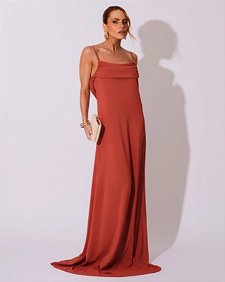 VESTIDO LONGO CREPE DE SEDA DE ALCINHA COM DETALHE DRAPEADO NO BUSTO TERRACOTA