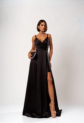 VESTIDO LONGO ZIBELINE DE ALCINHA DRAPEADO NO PEITO COM FENDA  PRETO