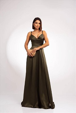 VESTIDO LONGO ZIBELINE DE ALCINHA DRAPEADO NO PEITO COM FENDA  VERDE OLIVA