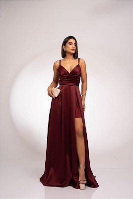 VESTIDO LONGO ZIBELINE DE ALCINHA DRAPEADO NO PEITO COM FENDA MARSALA
